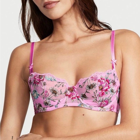 Victoria Secret Pink Lightly Lined Demi Bra Floral Embroidery Push Up NWT 32DD - Picture 4 of 8